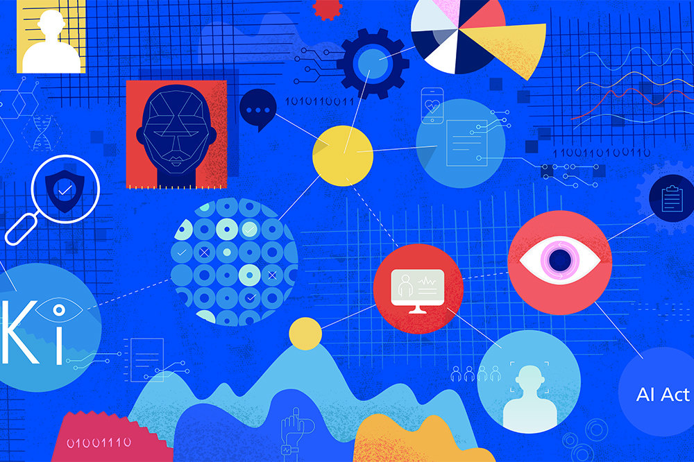 Illustration einer KI mit humanoidem Roboterkopf, Datenpunkten, Gesichtern und Netzwerken – symbolisiert künstliche Intelligenz und Datenverarbeitung.