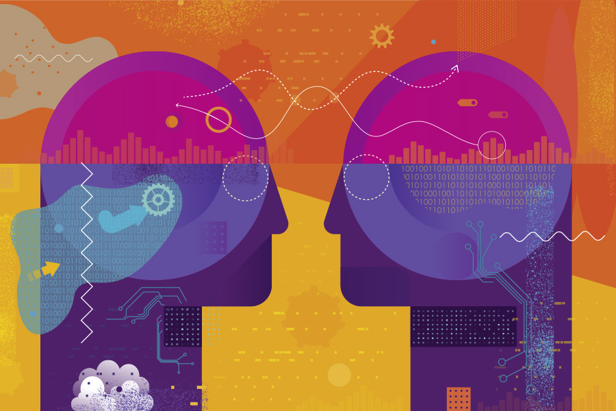 Two stylised heads with graphic data and technology elements representing communication or AI.