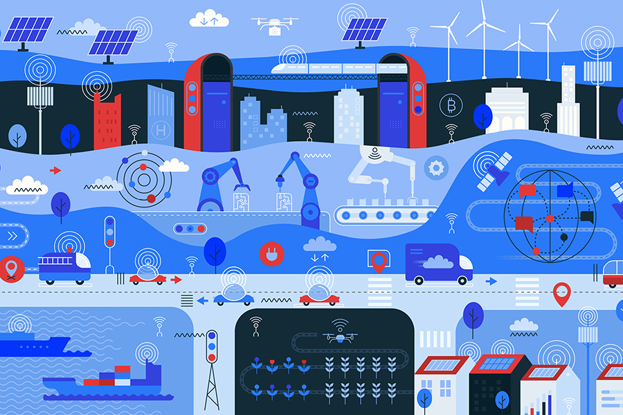Illustration einer vernetzten, digitalen Industrielandschaft mit Fabriken, Robotern und smarten Verkehrswegen.